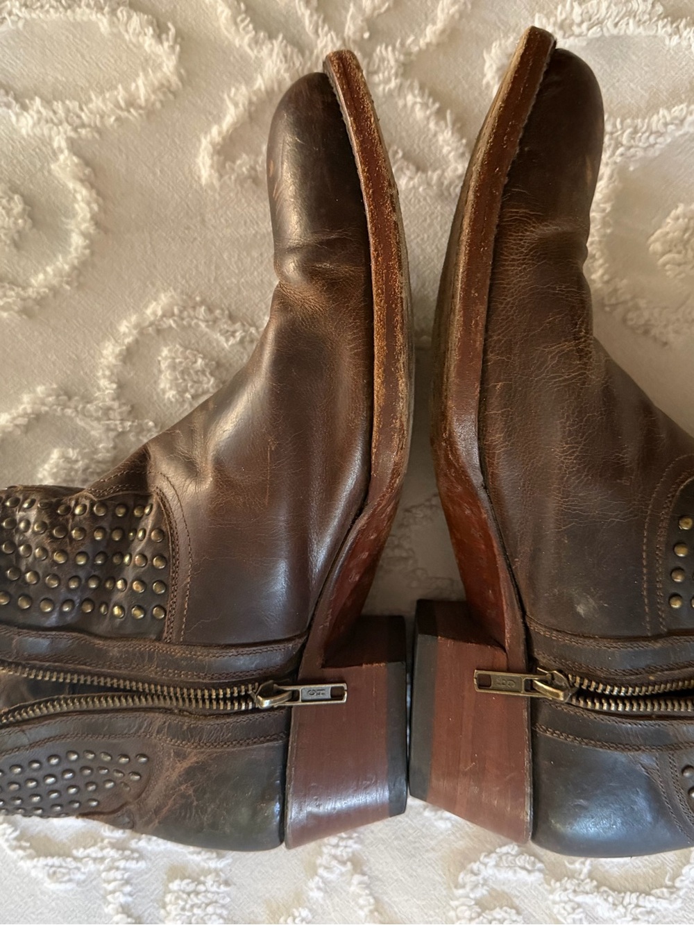 Brown Leather Studded Side-Zip Ankle Booties